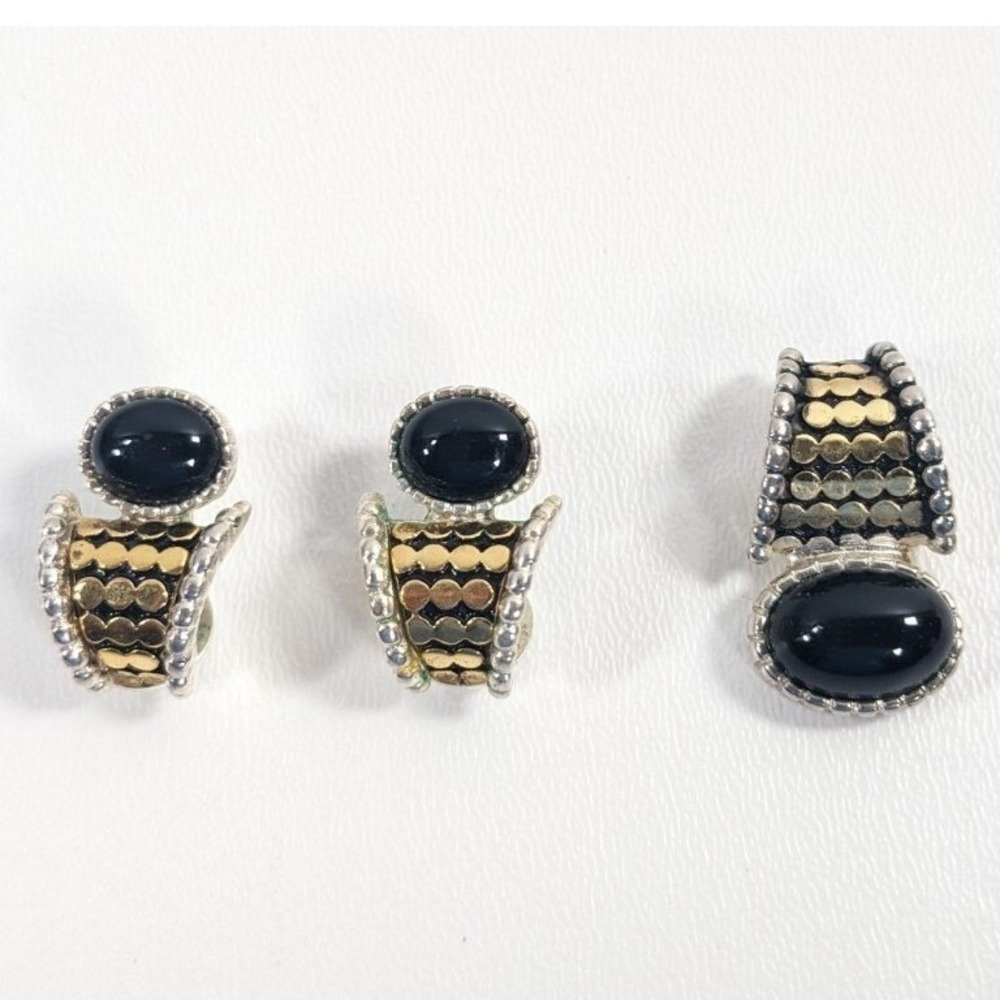 Judith Jack Two Tone Sterling Silver Black Onyx Clip On Earrings & Pendant Set